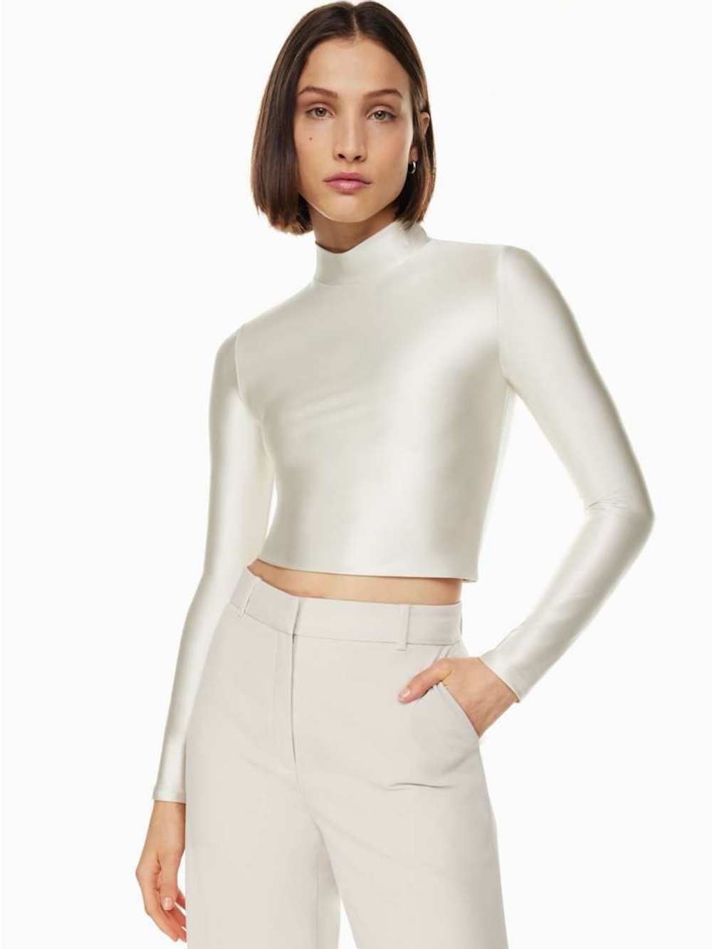 Aritzia Satin-Look Cropped Mock Neck Top in Ivory